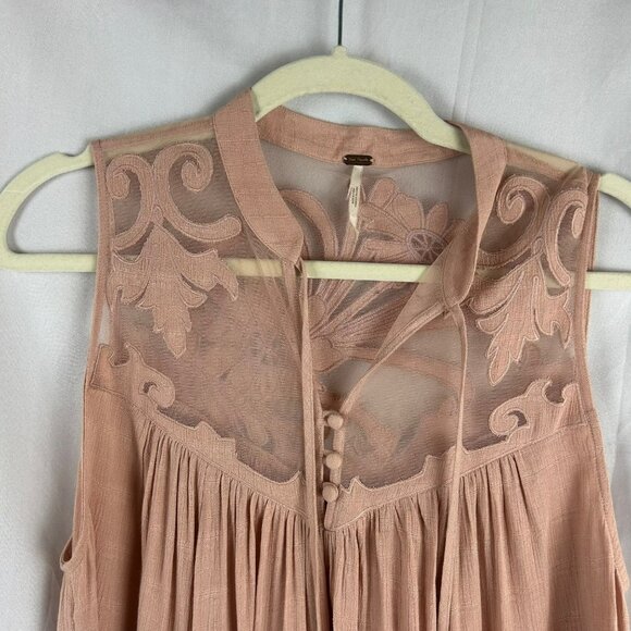 Free People Western Romance Mesh Applique Shirt Women Small Pink Flowy Lace - Picture 3 of 8